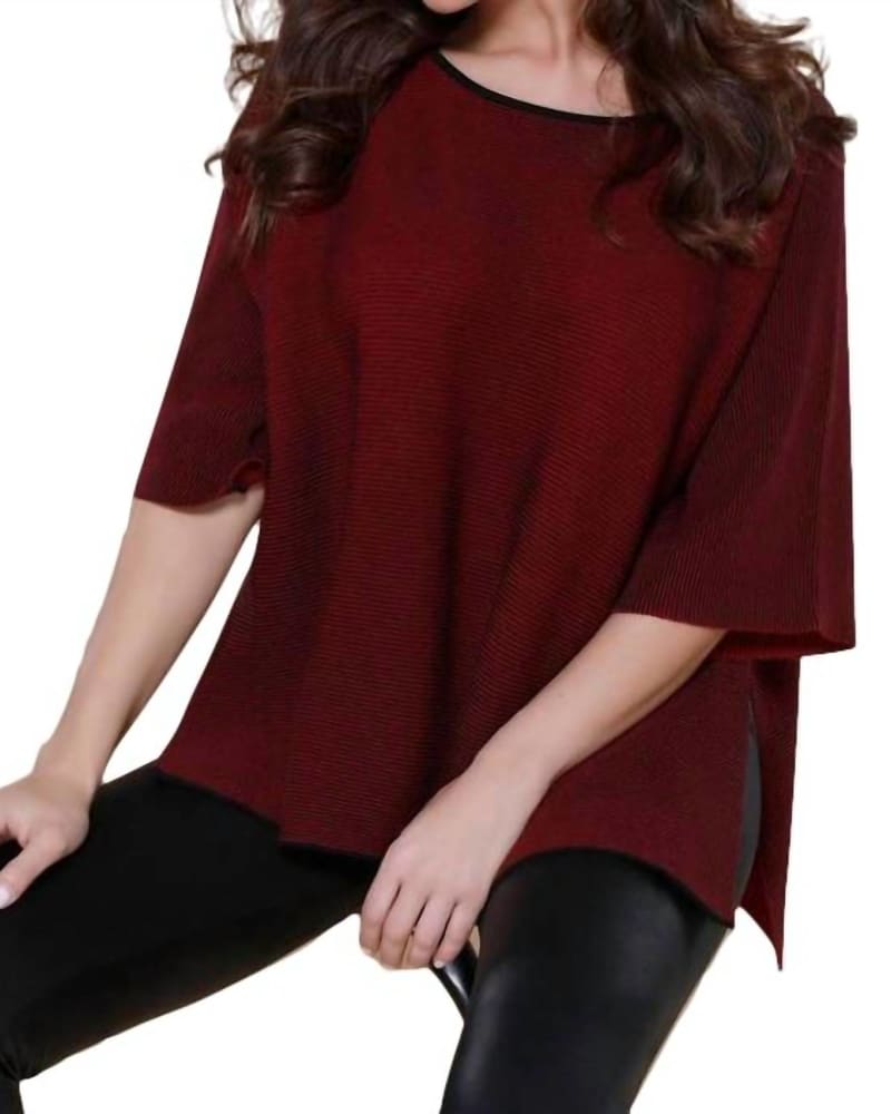 Front of a model wearing a size 2X 2-Tone High Slit Sweater Poncho in Wine in Wine by ANGEL. | dia_product_style_image_id:325708